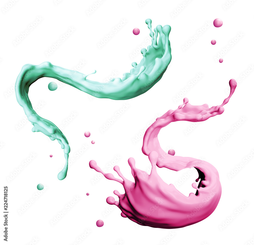 3d render, digital illustration, liquid splashing, food, drink, juice, paint, assorted splashes isolated on white background