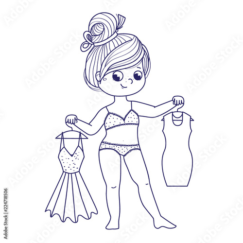 Cute girl for coloring book. Girl chooses a dress. Line art design.Isolated on white background.Vector illustration