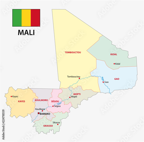 Republic of Mali administrative and political vector map with flag