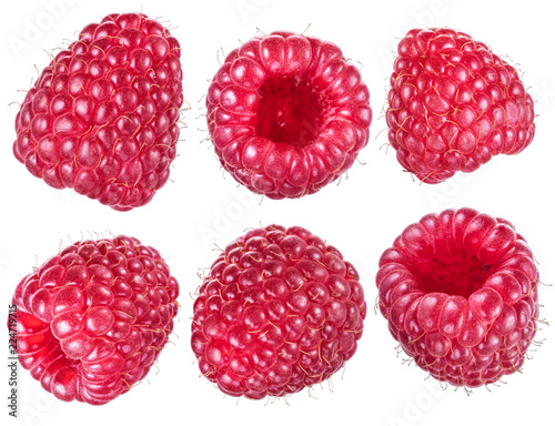 Set of ripe raspberries on white background.