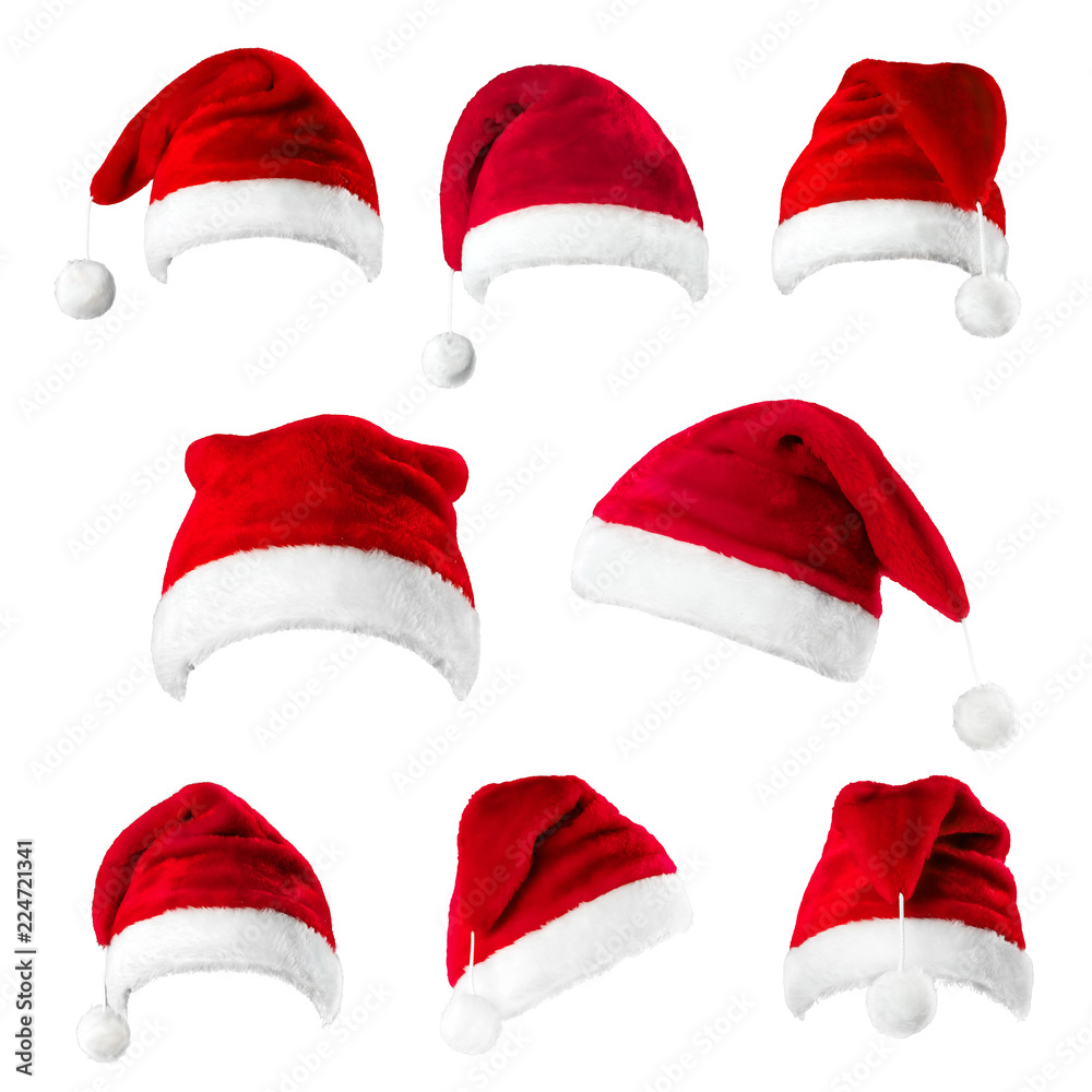 Set of red Santa Claus hats isolated on white background Set of red Santa Claus hats isolated on white background