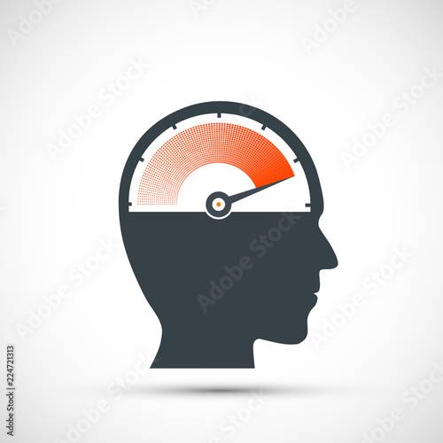 Icon speedometer with arrow and scale in human head. Logo of nervous stress and fatigue.