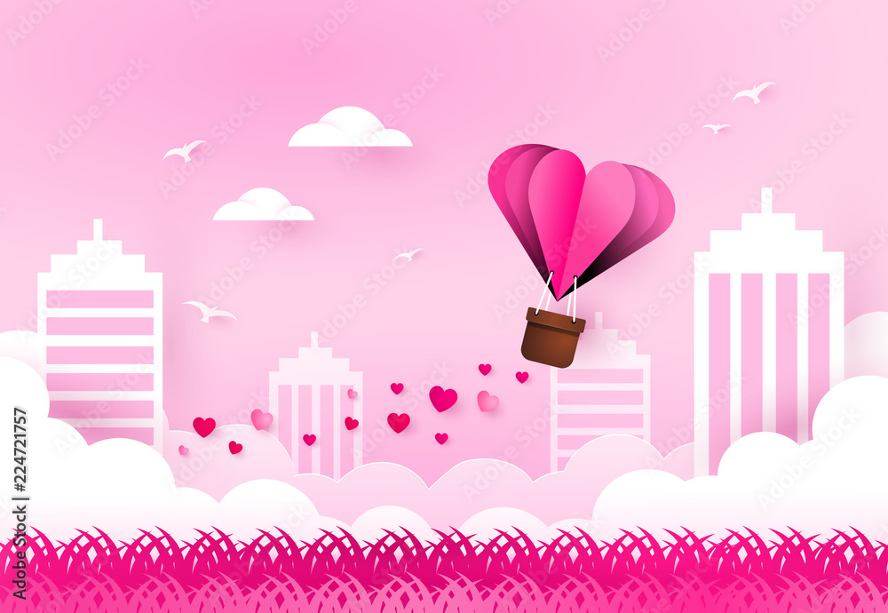 Heart air balloon over city. Love and valentines day. Paper art Heart air balloon over city. Love and valentines day. Paper art