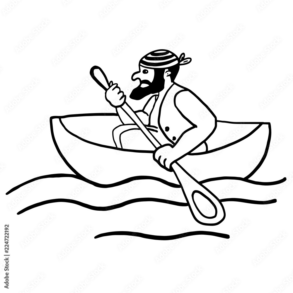 Sitting pirate in a boat. Refugee, sailor in a sea trip, oarsman. Rowing, boating design for posters, prints, sites, web, articles, stickers, banners, advertising. Sport, active cartoon character