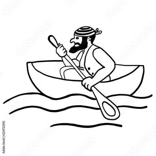 Sitting pirate in a boat. Refugee, sailor in a sea trip, oarsman. Rowing, boating design for posters, prints, sites, web, articles, stickers, banners, advertising. Sport, active cartoon character