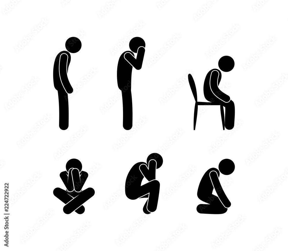 ภาพประกอบสต็อก sad people stand and sit, illustration of depression ...