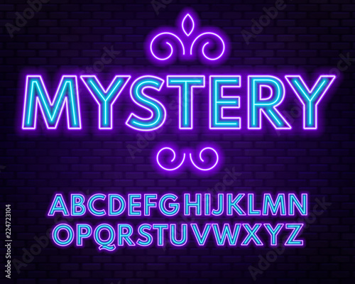 Purple blue neon alphabet on a dark background . Capital letter.