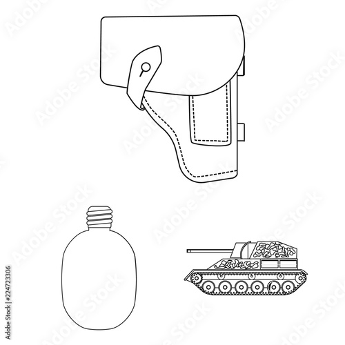 Army and armament outline icons in set collection for design. Weapons and equipment vector symbol stock web illustration.