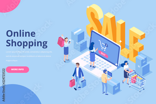 Online shopping isometric concept. Big Sale. Young Women and men characters with shopping bags and shopping carts. Flat vector illustration.