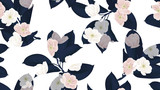 Floral seamless pattern, dark blue Ficus Elastica / rubber plant and pink anemone flowers on white background