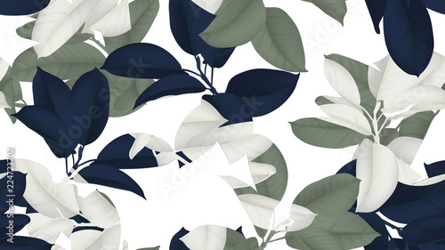 Floral seamless pattern, blue, green and white Ficus Elastica / rubber plant on white background