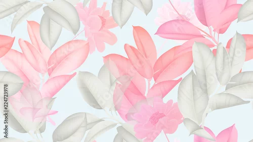 Tapety Kwiatowy wzór bez szwu, różowy i biały Ficus Elastica / guma roślin i różowe kwiaty Paenia lactiflora na jasnoniebieskim tle