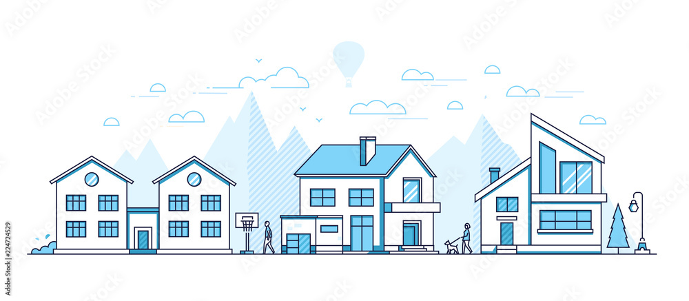 Town life - modern thin line design style vector illustration