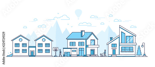 Town life - modern thin line design style vector illustration