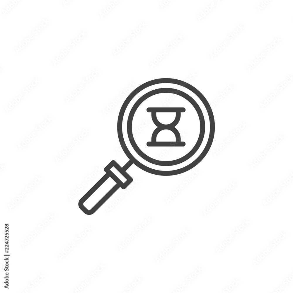 Magnifying glass and hourglass outline icon. linear style sign for mobile concept and web design. Time search simple line vector icon. Symbol, logo illustration. Pixel perfect vector graphics Magnifying glass and hourglass outline icon. linear style sign for mobile concept and web design. Time search simple line vector icon. Symbol, logo illustration. Pixel perfect vector graphics