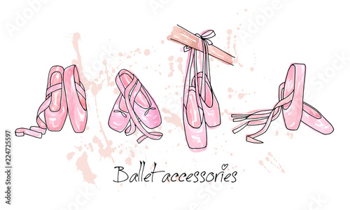 Vector sketch. Ballet accessories, pointes . Vector pen style objects set. Print element.