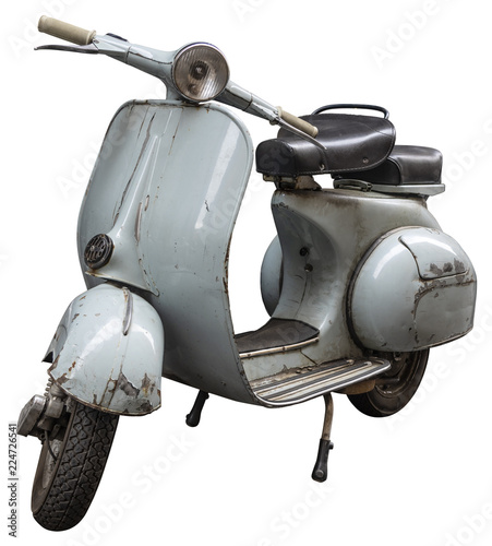 Old, rusty scooter isolated on white background