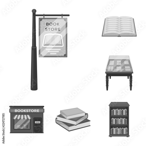 Library and bookstore monochrome icons in set collection for design. Books and furnishings vector symbol stock web illustration.
