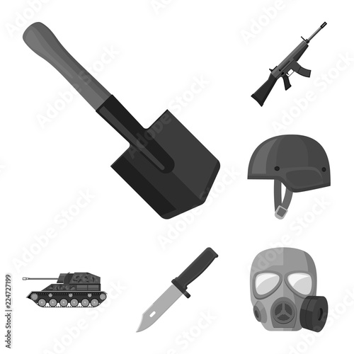 Army and armament monochrome icons in set collection for design. Weapons and equipment vector symbol stock web illustration.