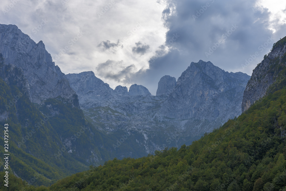 View of Prokletije mountains in Montenegro looked from the valley. Landscape concept