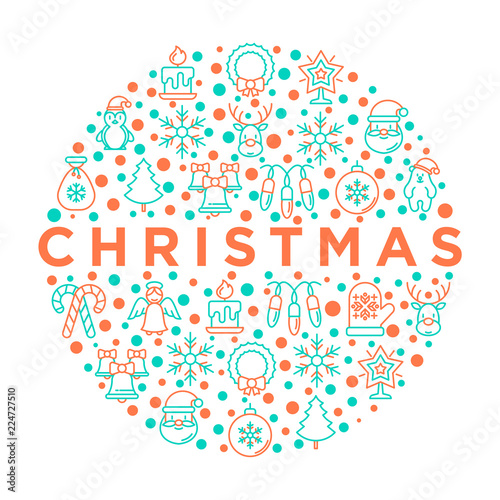 Christmas concept in circle with thin line icons: Santa Claus, snowflake, reindeer, wreath, candy cane, polar bear in hat, angel, mitten, candle, penguin, garland. Vector illustration for print media.