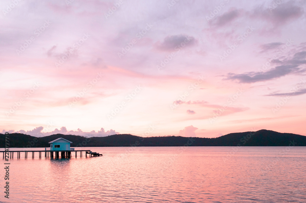 Peaceful white sand beach sunset sky of Koh Mud Sum island near Samui isalnd, Thailand Peaceful white sand beach sunset sky of Koh Mud Sum island near Samui isalnd, Thailand