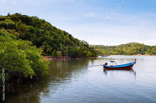Thai Longtail Fishing Boat at Koh Tean mangrove forest near Samui island in summer day with blue sky © PixHound