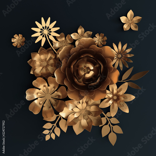 3d render, gold paper flowers, rose, floral bouquet isolated on black background, botanical decor, artificial nature elements, handmade quilling craft, decorative clip art, funereal composition