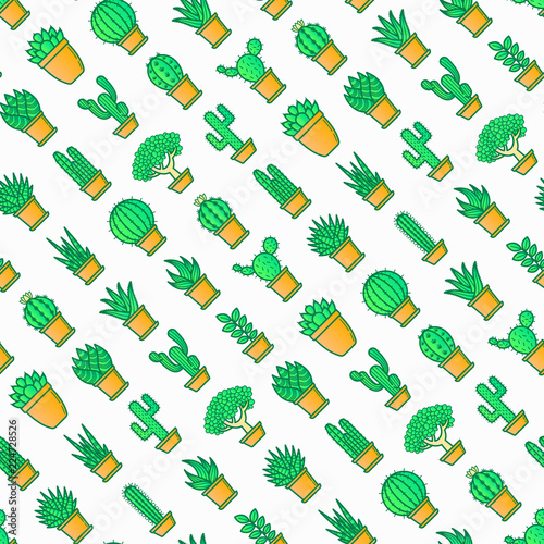 Cactus and succelents in pots seamless pattern with thin line icons. Modern vector illustration for shop of plants. photo