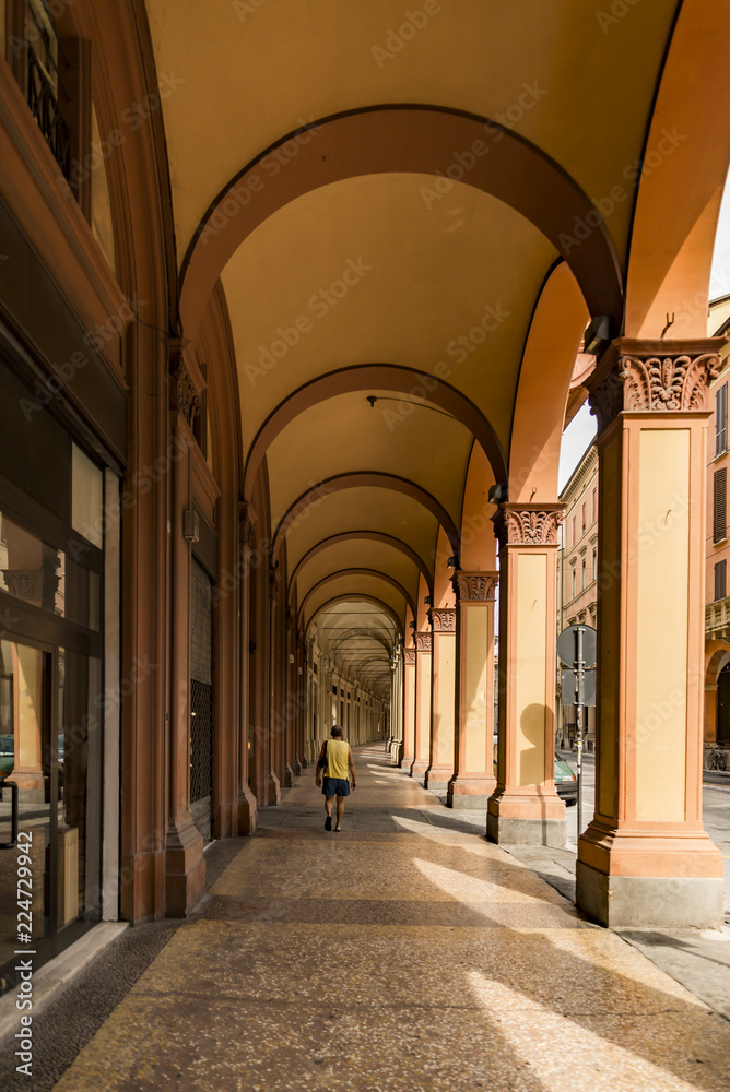 Beautiful decorative arcade, portico, in Bologna, Italy