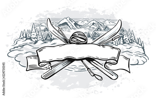 Graphic illustration with a set of objects symbolizing mountain skiing, and design element as a ribbon for text inscriptions.