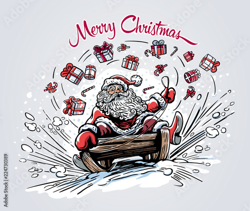 Surprised and cheerful Santa Claus, rides the mountain on a sleigh. 