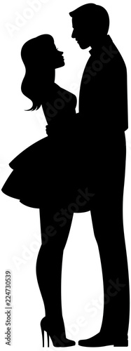 Loving couple man and woman hugging silhouette in full length on a white background