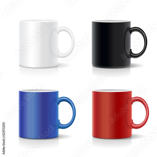 Four mugs of various colors. Coffee cups coolection vector