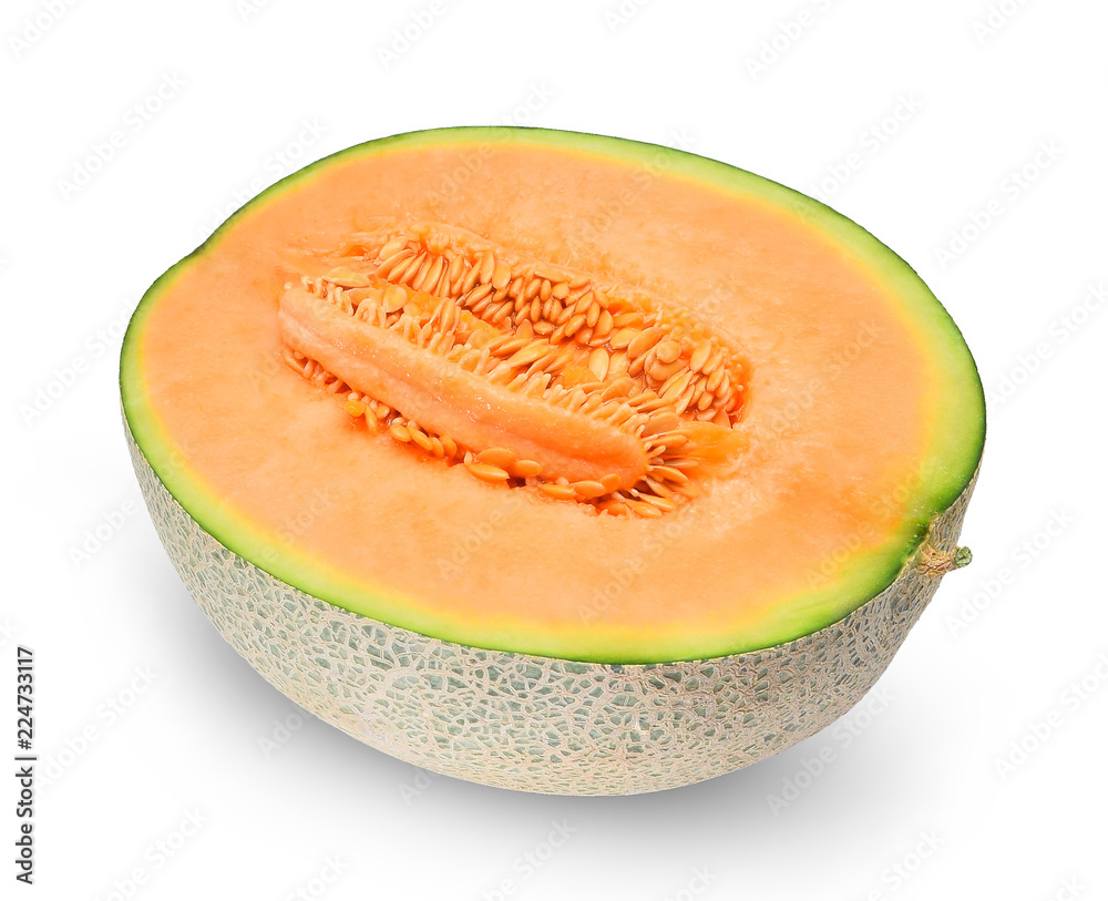Half of orange melon or cantaloupe with seeds isolated on white background Half of orange melon or cantaloupe with seeds isolated on white background