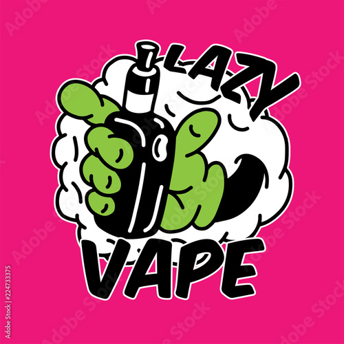 T-shirt or poster design with illustration of hand with vaping atomizer. Design with text composition.