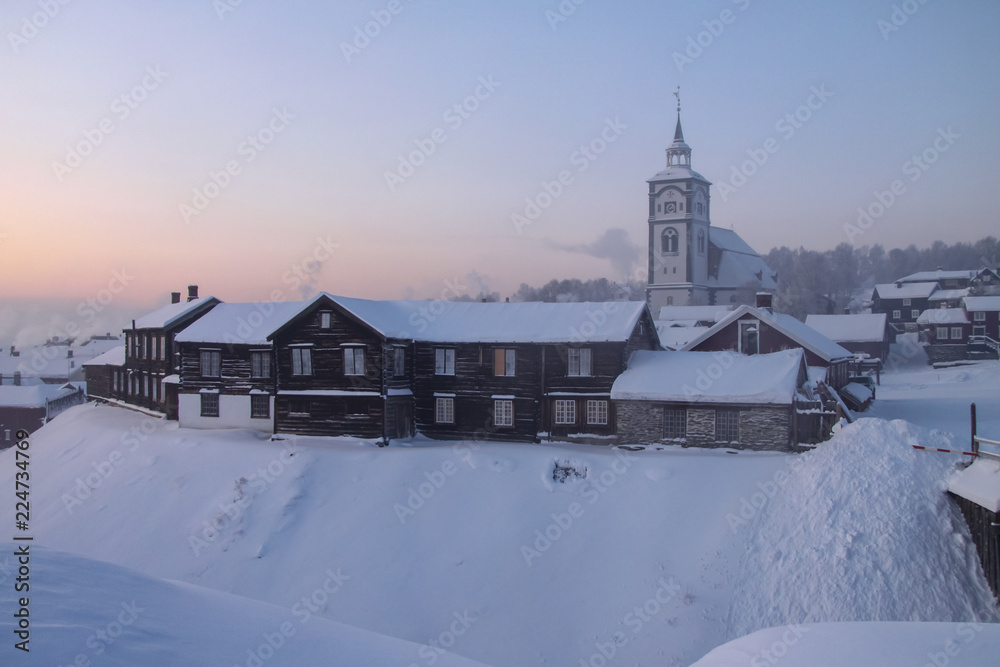 Winter and cold  in Roeros Norway - Røros church, also known under the old name Bergstadens Ziir, is an elongated octagonal church from 1784