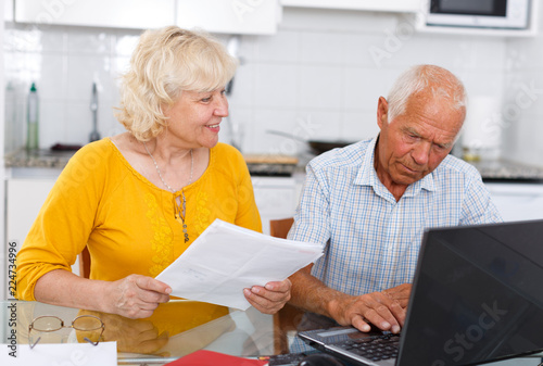 Senior man and woman looking at laptop at home interior
