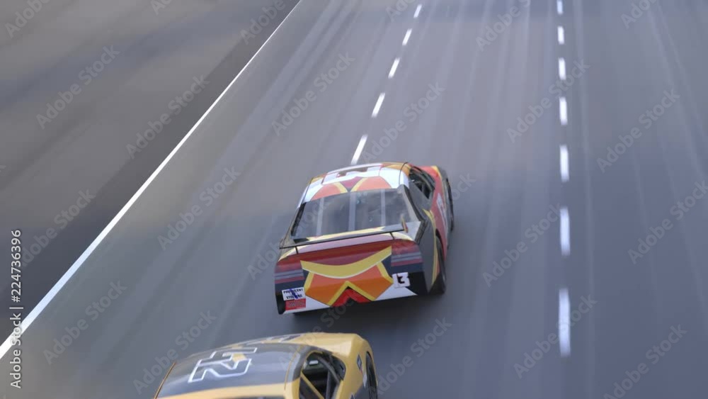 Car race. High angle camera zooming in and passing through one of the cars.