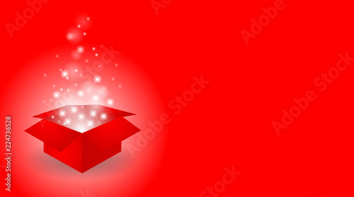 Christmas background with opening red gift box and uprising glitter / Vector / Copyspace