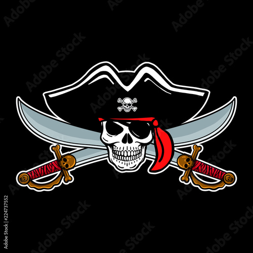 hand drawn vector pirate skull. Pistols, shawls, pirate hat, eye patch, headscarf