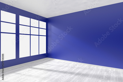 Empty blue room corner with window and white floor.