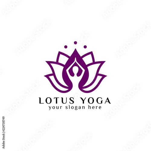 yoga logo design stock. human meditation in lotus flower vector illustration in purple color