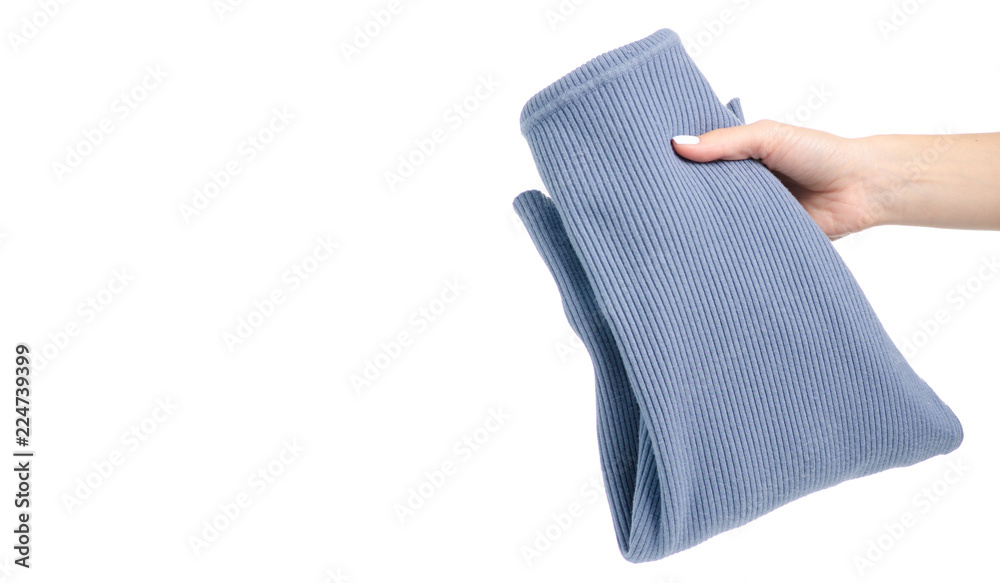 Blue sweater with a throat fabric textile fashion in hand on a white background isolation