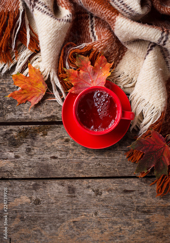 Autumn background with cup of tea, plaid and leaves