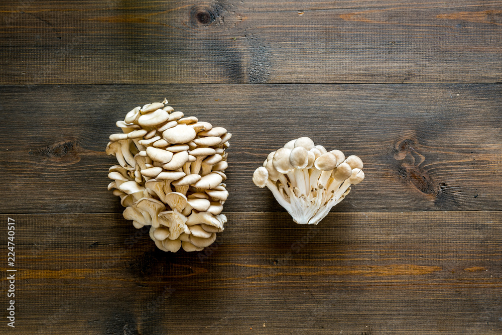 Oyster mushroom. Fresh raw veshenka on dark wooden background top view space for text Oyster mushroom. Fresh raw veshenka on dark wooden background top view space for text