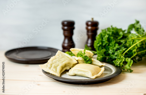 maultaschen, German, traditional dumplings on a plate, next to fresh parsley, salt shaker and pepper pot