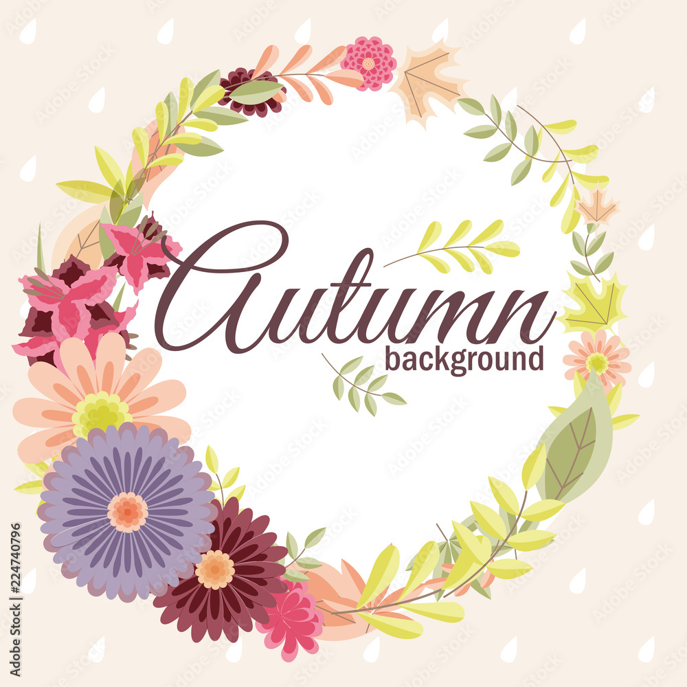 Autumn background with vintage flowers and leaves round banner