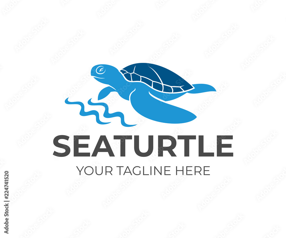 Obraz premium Żółw morski wzdłuż wybrzeża i fal, projektowanie logo. Zwierząt, przyrody, życia morskiego i przyrody, wektor projektowania i ilustracji