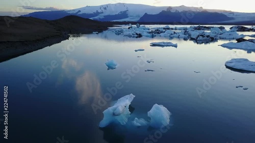 Southern Icelandic drone shot of glaciers at sunset